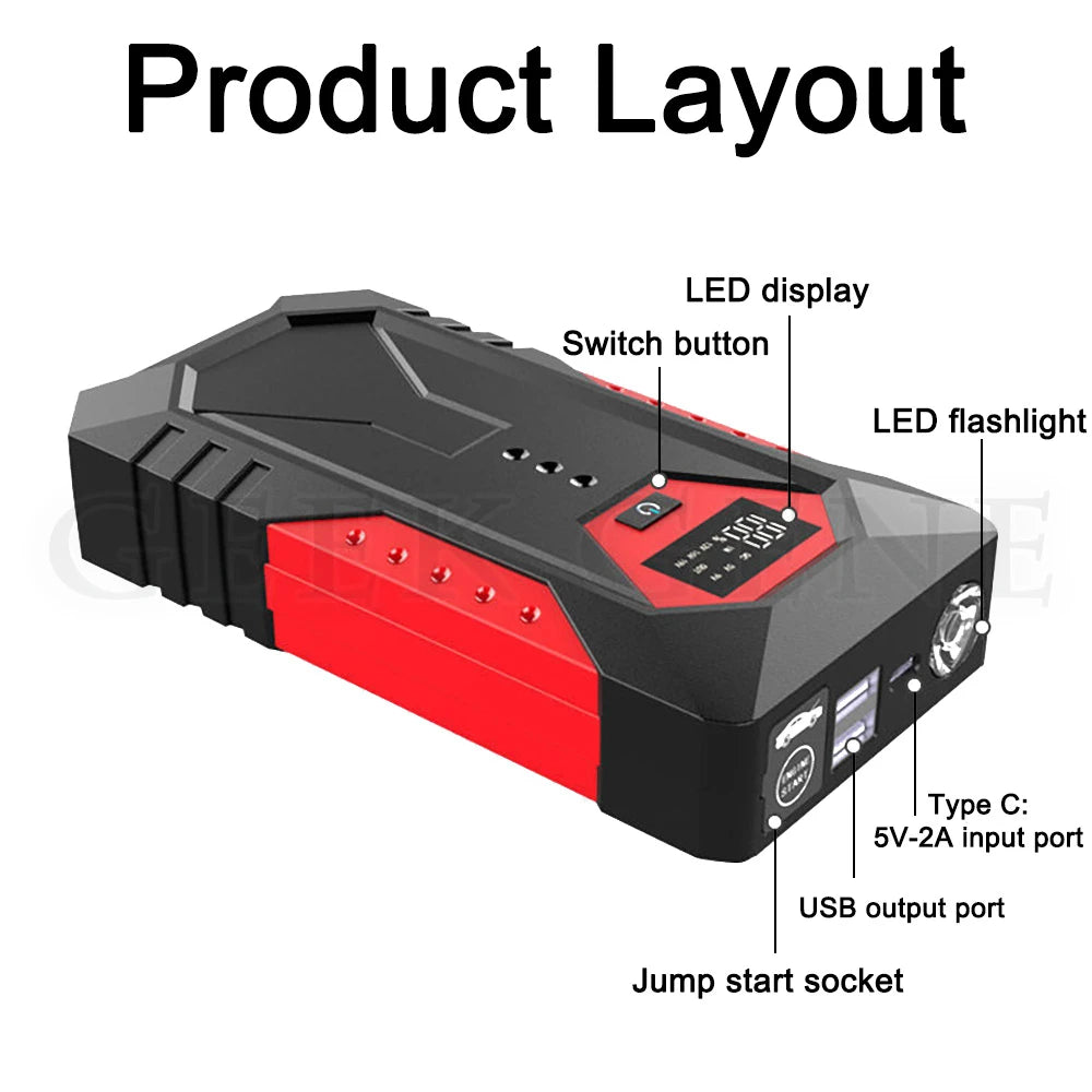 Auto Jump starter 12v (18000mAh) met powerbank functie voor autos tot 6.0l (benzine) of 5.0l (diesel)